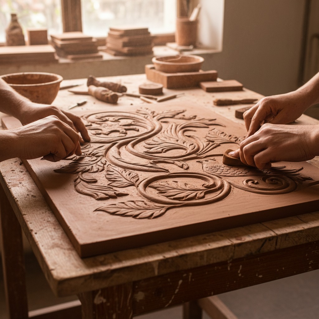 mani che lavorano bassorilievo in terracotta