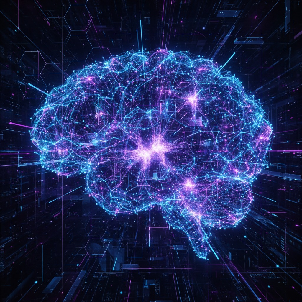 Un cervello umano stilizzato, formato da una complessa rete di linee luminose blu e viola, fluttua in uno spazio digitale scuro.