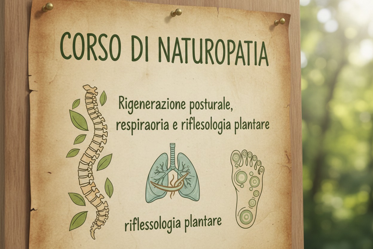 Locandina affissa su una bacheca che promuove un corso di naturopatia incentrato su rigenerazione posturale, respirazione e riflessologia plantare.