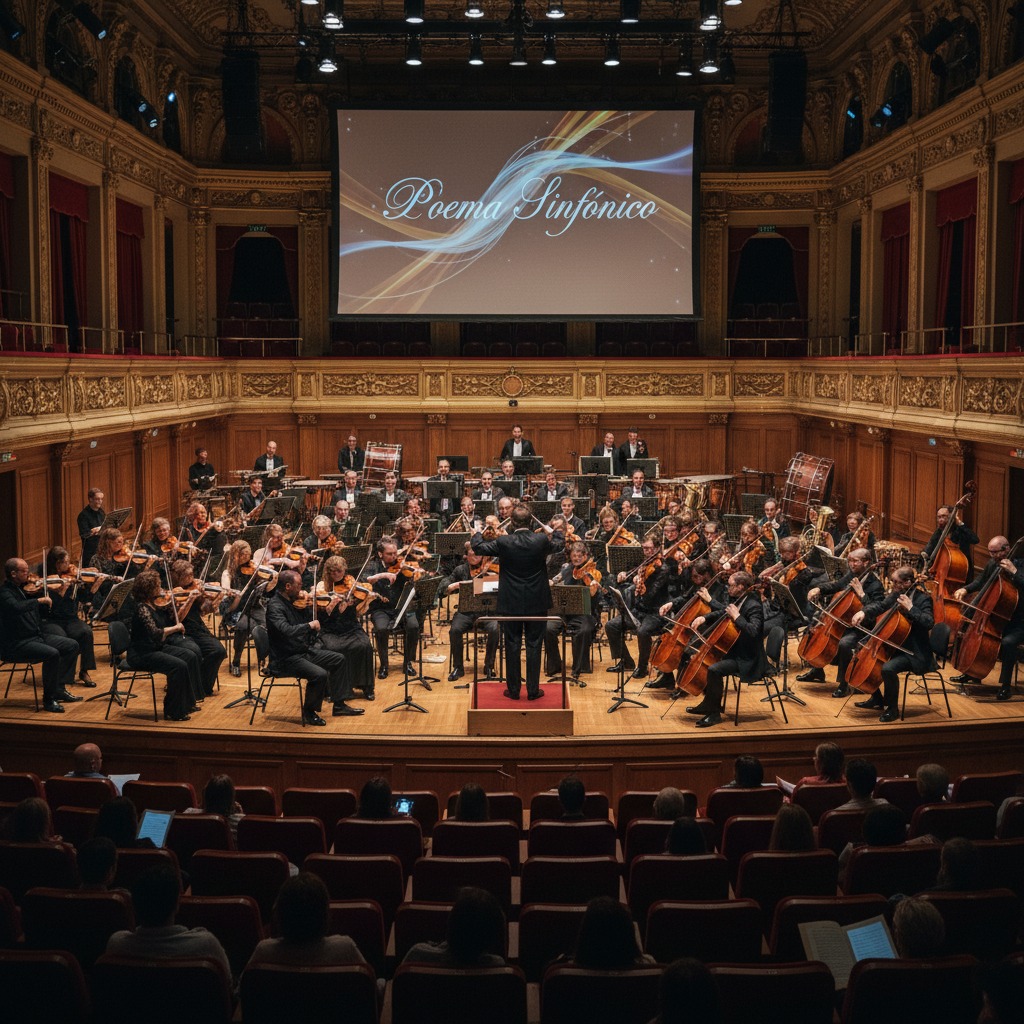 Un'orchestra sinfonica suona su un grande palco sotto uno schermo che mostra la scritta Poema Sinfónico, mentre un pubblico assiste dal parterre.
